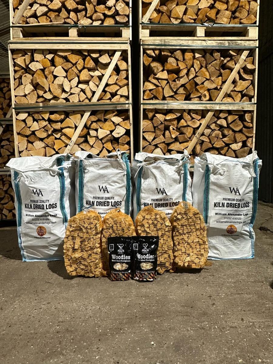 A bundle order at the yard: barrow bags, kindling nets and firelighters ready to load