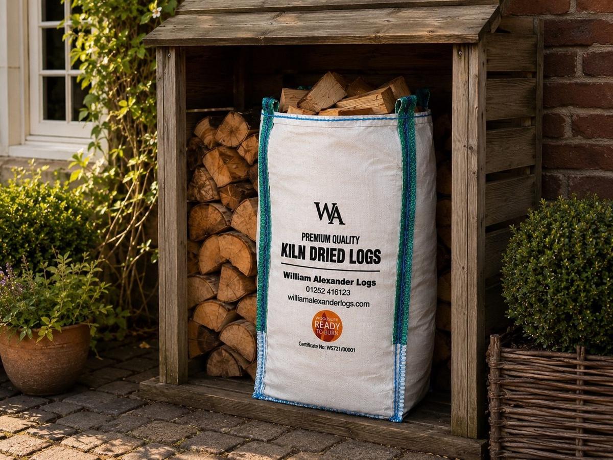 A William Alexander barrow bag of kiln-dried logs up close, certification number printed on the front