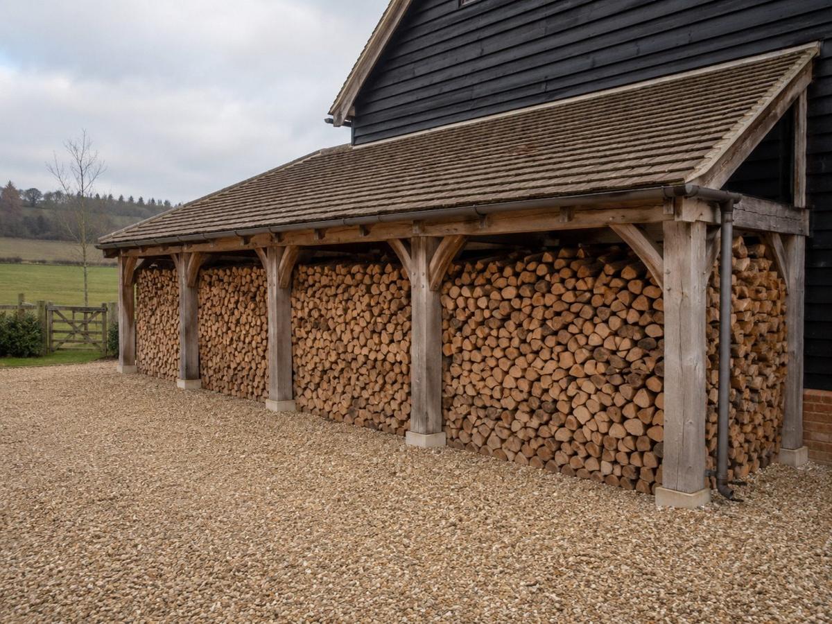 The open-fronted log barn at the yard, stacked with drying firewood